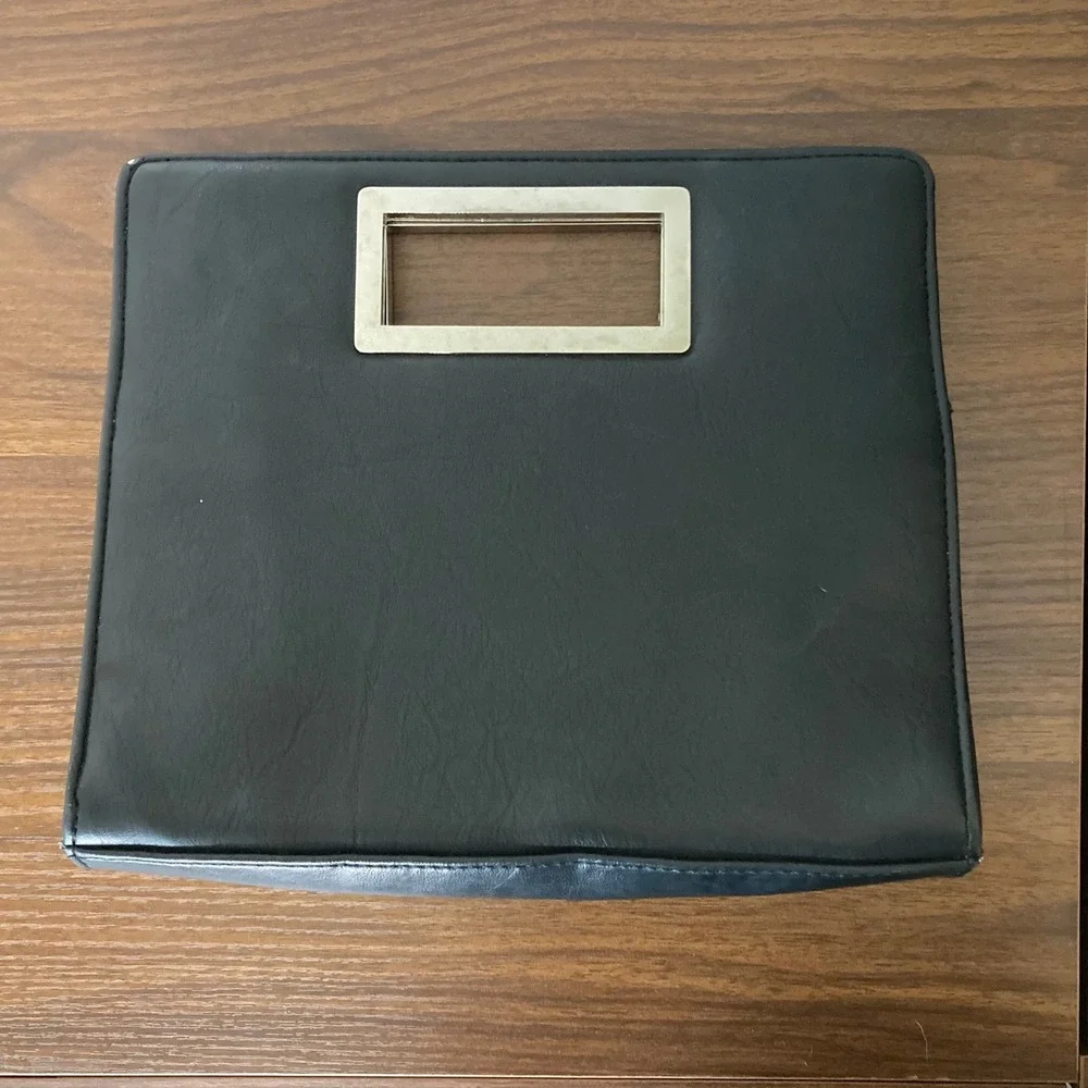 Black Faux Leather Cutout Handle Clutch Bag Y2K Minimalist Organizer Handbag